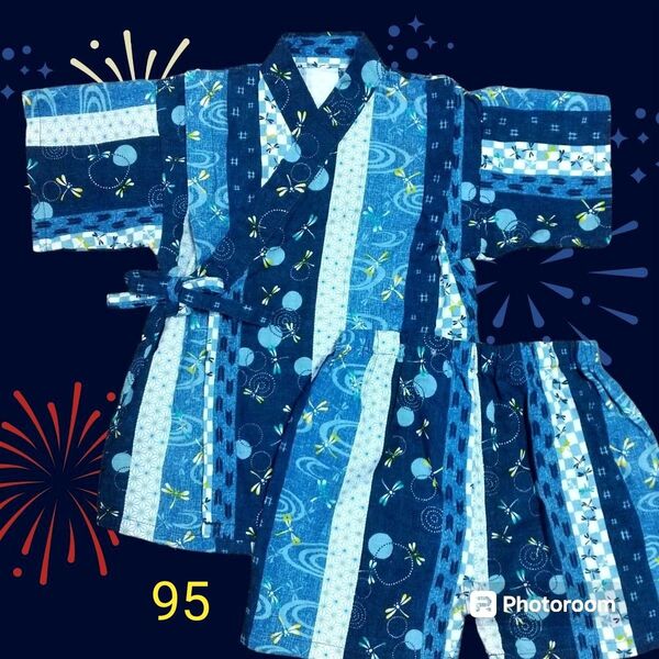 未使用 甚平 とんぼ 和柄 紺 ブルー 95 花火大会 夏祭り 七夕 子供 上下セット