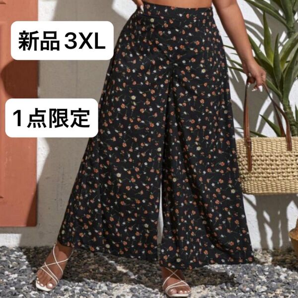 新品 レディースワイドパンツ 薄手 3XL 4L 大きいサイズ ゆったり 花柄 小花柄 夏服 ウエストゴム ブラック 黒