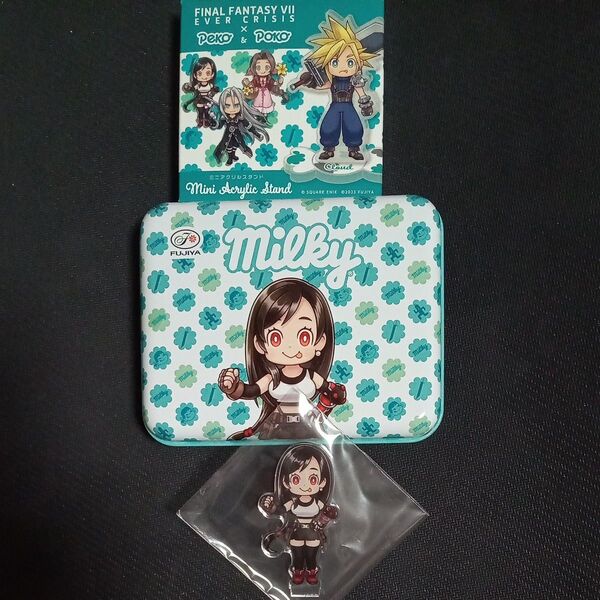 【値下げしました】FF7エバークライシス 不二家ミルキーコラボ缶のみ&FF7 不二家ミニアクリルスタンド セット(ティファ)