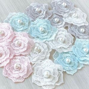 パール付き・ローズモチーフレース 4色ミックス*8個入り 刺繍レース オーガンジー ハンドメイド 飾り付け