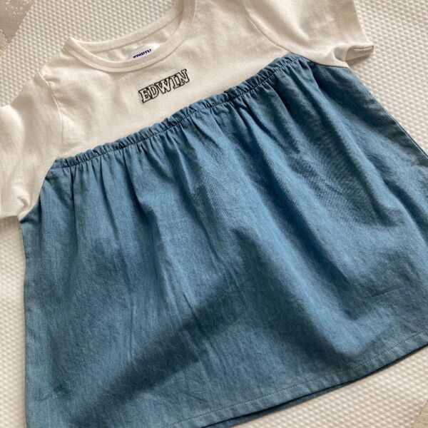 【美品】トップス エドウィン 100 キッズ 女の子 かわいい 夏服 こども服 子供服 カットソー Tシャツ ホワイト ブルー
