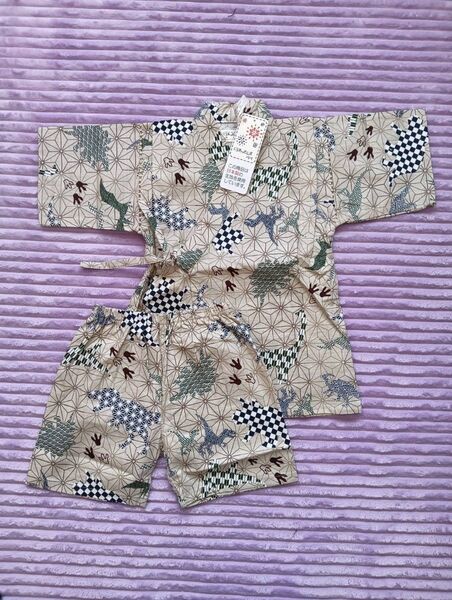 サイズ110cm 甚平 恐竜柄 ベージュ キッズ 男児 夏祭り 夏休み 花火大会 盆踊り 新品 未使用品