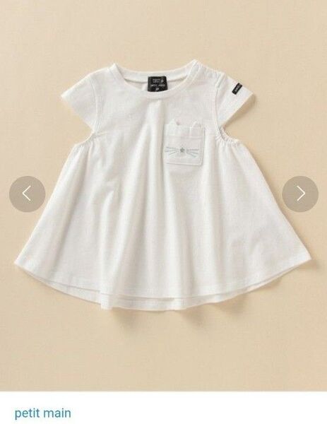 新品未使用タグ付き petit main プティマイン オーガニックコットン 胸ポケットAラインTシャツ 猫 ねこ 女の子 半袖