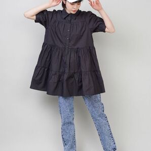【未使用】スピンズ Aラインシルエット ティアードシャツワンピース ブラック