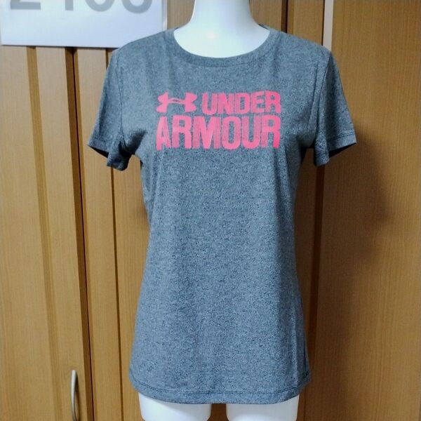 アンダーアーマー半袖TシャツSM 霜降りグレー×サーモンピンクUNDER ARMOURロゴプリント HEATGEAR LOOSE
