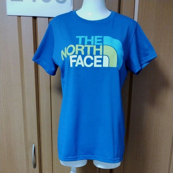 ザノースフェイス半袖TシャツL ブルー 前THE NORTH FACEデカプリントも状態良好 GREEN CYCLEポリエステル