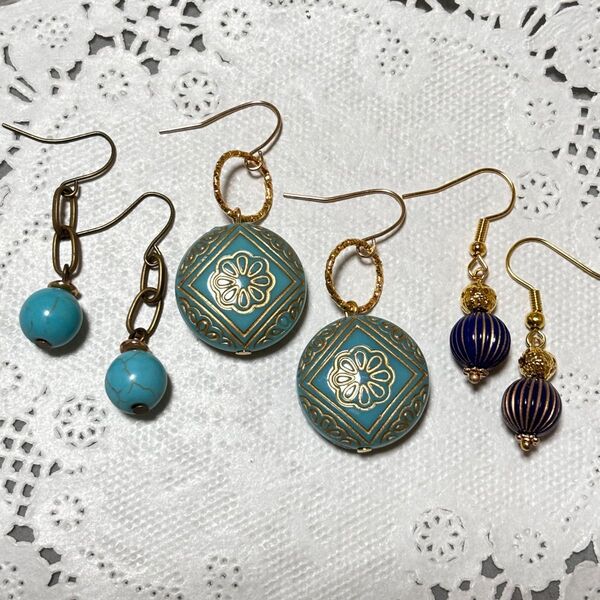 345 ハンドメイド ピアス★3点セット ブルー系 ターコイズブルー系