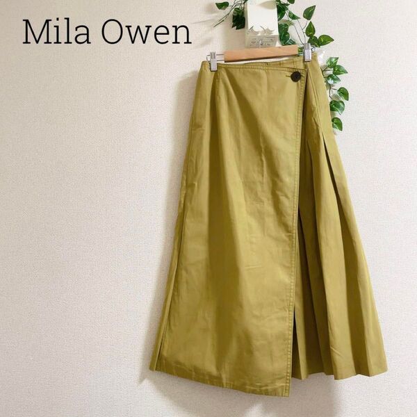 ミラオーウェン ラップスカート イエロー プリーツ アシンメトリー Mila Owen スコッチ釦タックディテール巻きスカート
