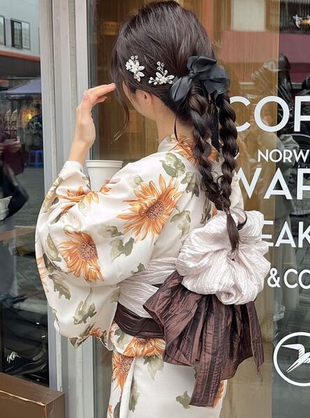 水彩ひまわり浴衣セット 兵児帯 イエロー ブラウン