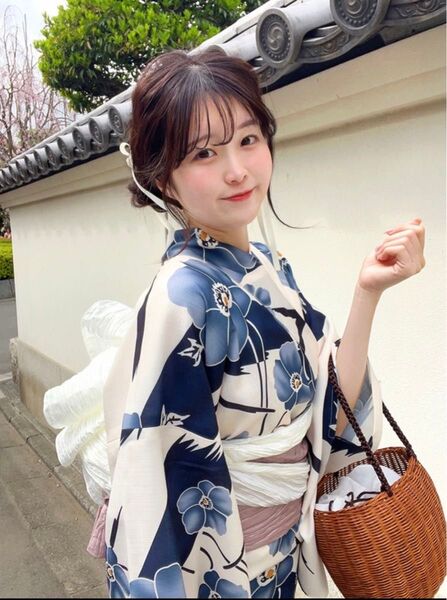 花柄浴衣セット 水彩花柄 ストライプ ネイビー ピンク 兵児帯