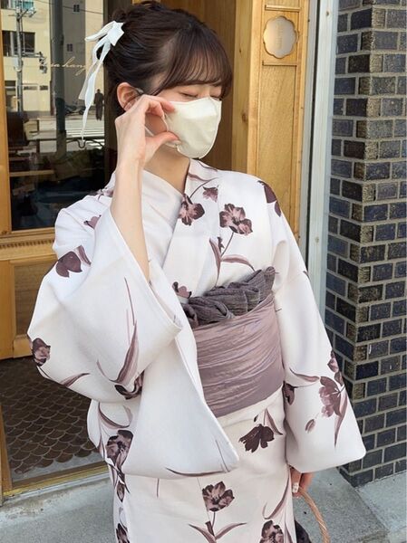 ポピー浴衣セット 花柄浴衣 モダン ブラウン ピンク 兵児帯