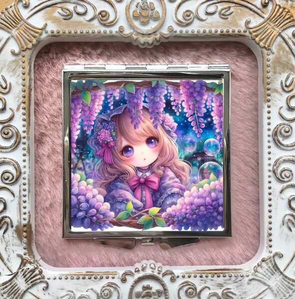 20 ハンドメイド レジン コンパクトミラー 鏡 少女 藤の花 ロリータ