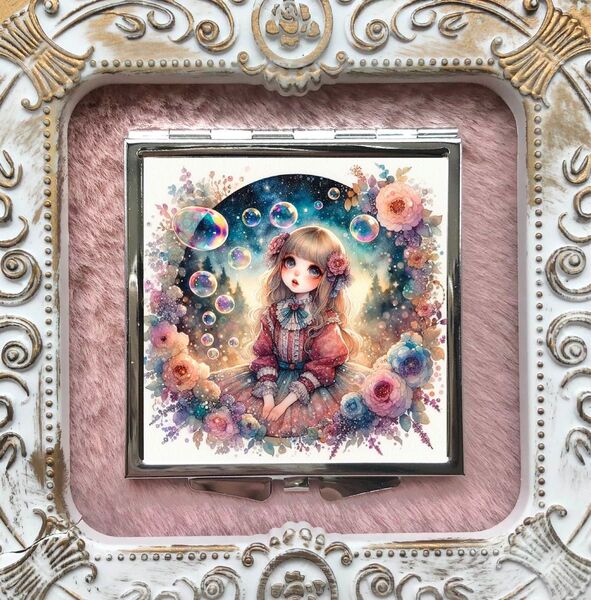 21 ハンドメイド レジン コンパクトミラー 鏡 少女 花火 泡
