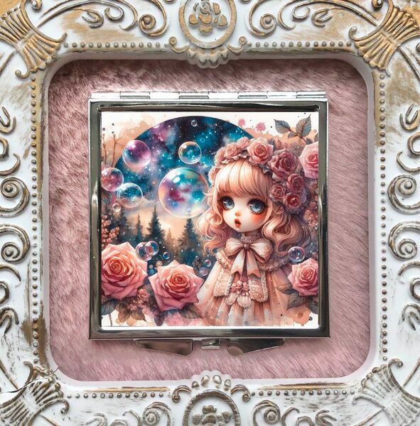25 ハンドメイド レジン コンパクトミラー 鏡 少女 ロリータ 花 森