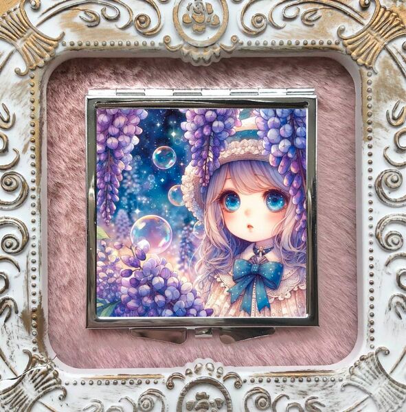 29 ハンドメイド レジン コンパクトミラー 鏡 少女 ロリータ 藤の花