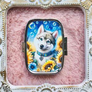 34 ハンドメイド レジン ピルケース 小物入れ 狼 向日葵