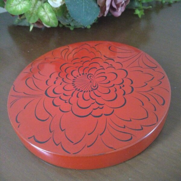 ☆朱塗り 牡丹柄 漆器 急須敷 コースター 美品☆す