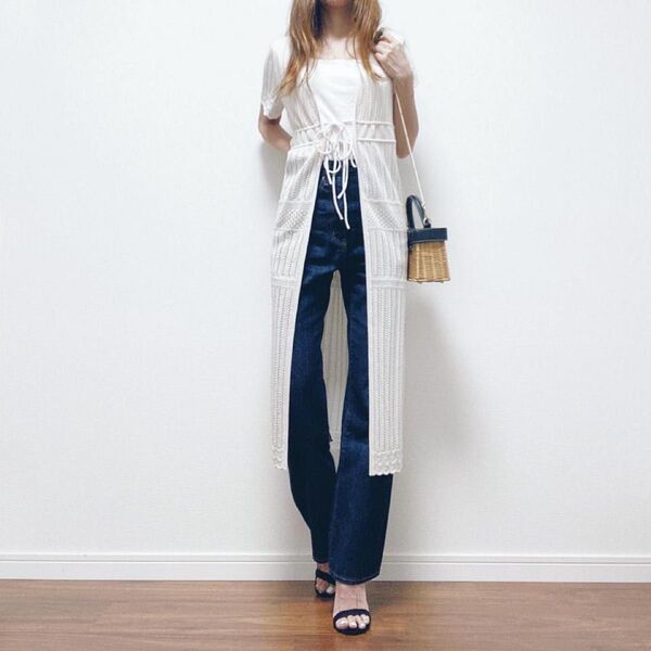 GU 2WAYレーシーニットロングカーディガン(半袖) XL