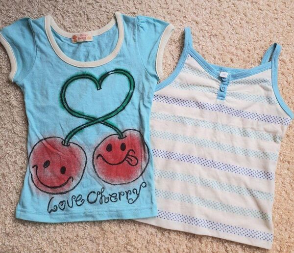 空色 チェリーTシャツ&水玉ストライプ ノースリーブ 2着