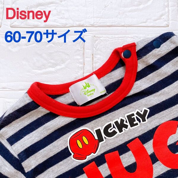 Disney トップス Tシャツ ミッキー mickey 子供用 キッズ 長袖 ボーダー グレー 60-70サイズ クルーネック