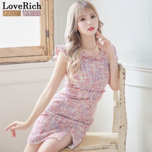 新品☆ツイード/フリル/背中隠し/スリット/ワンピース/キャバミニドレス/M
