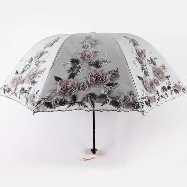 刺繍 折りたたみ傘 レース 花柄 薔薇 高級 晴雨兼用 日傘 プレゼントにも グレー