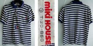  child 120/ polo-shirt short sleeves / white navy blue border pattern / cotton /MIKI HOUSE Miki House /USED