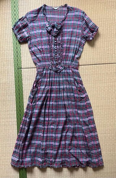 ピンクハウス 80年代 肩パッド付き半袖 赤ギンガムチェックリボン付きワンピース