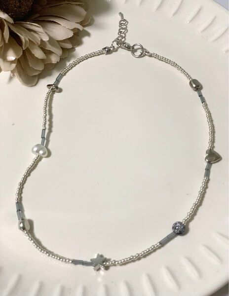 ハンドメイド ビーズ ネックレス シルバー