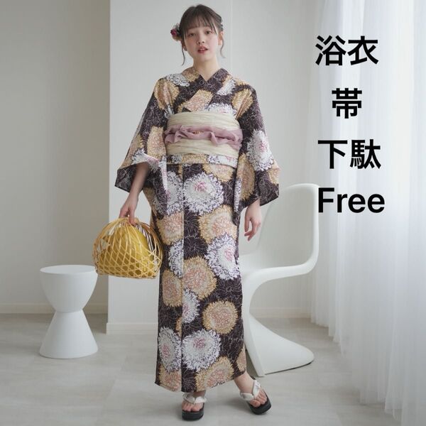 【utatane 高級変わり織 浴衣3点セット 紫鳶に敷き詰めた花】 浴衣