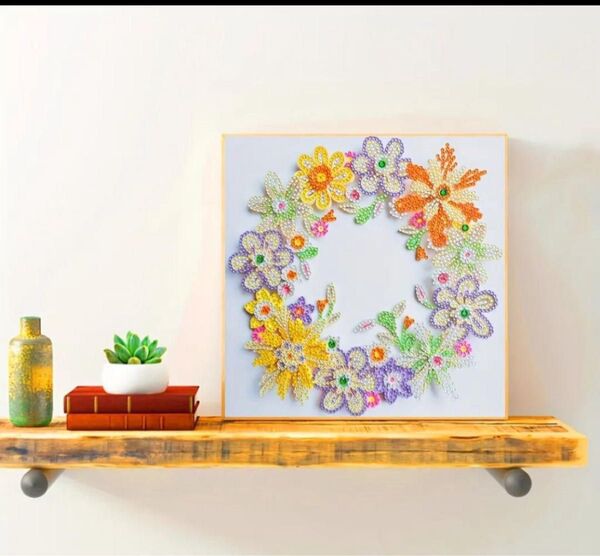 【ダイヤモンドアート完成品】お花のリースのタペストリー
