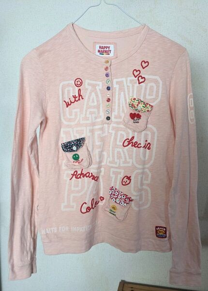 happy market カラフルボタンとPOPな柄と立体ポケット 長袖スエット Tシャツ 長袖
