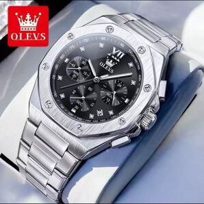 OLEVS メンズ ウォッチ オクタゴン 腕時計 8P-CZ OLEVS クロノグラフ 腕時計 メンズ シルバー