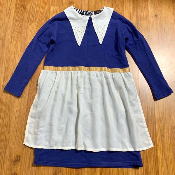 ユニカ unica 魔女っ子エプロンワンピース 140 長袖 襟付き スウェット ビッグカラー 長袖 ボーダー