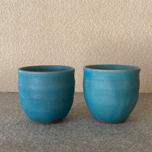 青釉 湯呑 湯飲み 陶芸 陶器 手作り ハンドメイド ロクロ目 夫婦湯呑