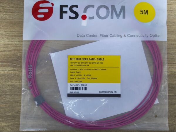 FS.COM OM4 12-Fiber MPO Cable 5M 光ファイバー イーサーネット サーバー ネットワーク