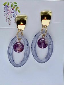 Art hand Auction 天然石针铁矿紫水晶亚克力耳环(853), 手工制作的, 配饰(女士), 耳环, 耳环