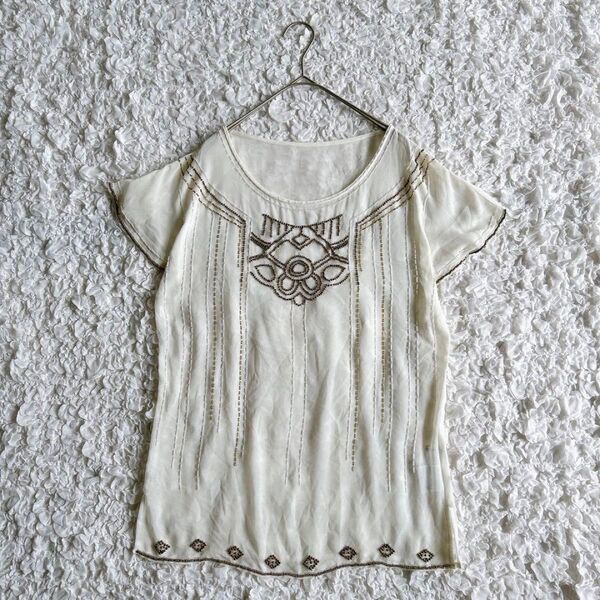 MURUA ムルーア ビーズ刺繍 ブラウス 半袖 シースルー ビジュー サイズフリー