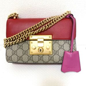 極美品 GUCCI グッチGGスプリーム パドロック チェーンバッグ409487 赤 GG柄 ゴールド