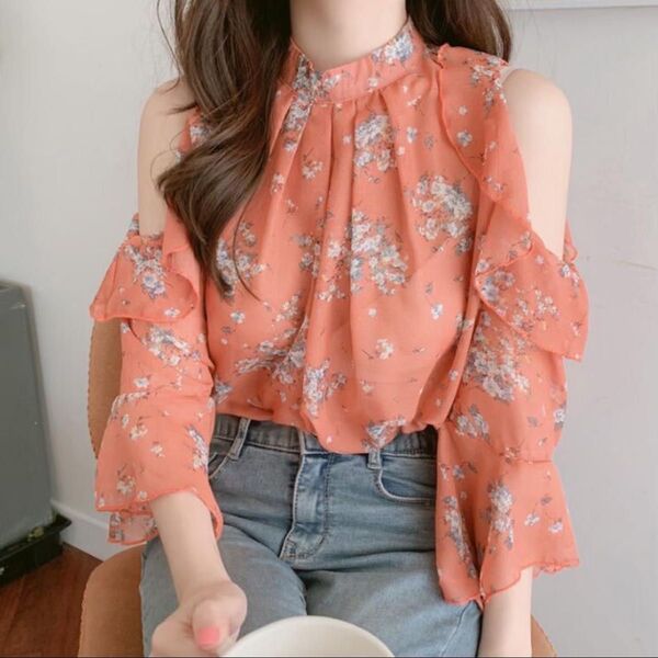 レディース トップス 肩出し セクシー オルチャン 花柄 韓国 ピンク