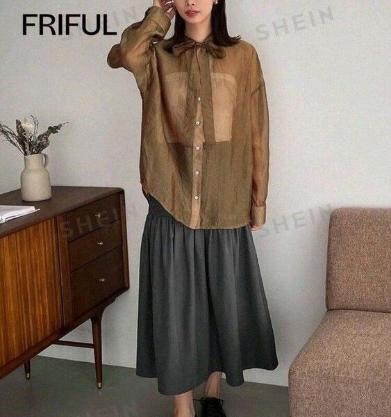 FRIFUL レディース グレー スカート ハイウエスト フリル エッジ 加工 美品 チャコール グレー 韓国 フリフル