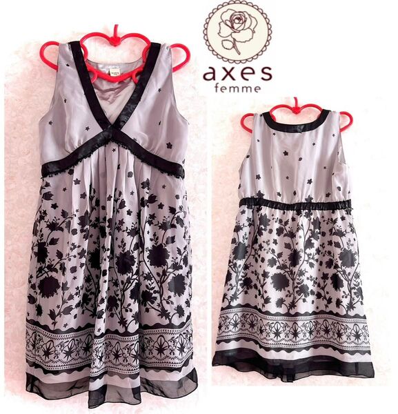 【axes femme アクシーズファム】裏地付き スリット入り ノースリーブワンピース ひざ丈スカート