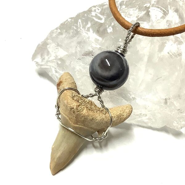 一点物☆勇気と幸運のお守り!魔除けのお守り 古代ザメの歯の化石 & 天眼石 ネックレス ① メンズアクセサリー パワーストーン