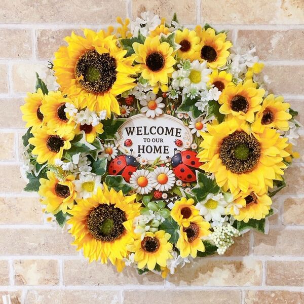 フラワーリースアイビーとひまわりいっぱいのウェルカムリース造花リース
