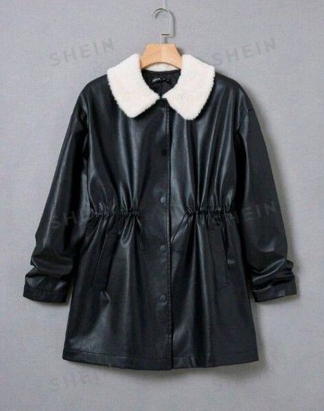 【新品未使用】SHEIN EZwear ボルグカラー ドローストリングウエスト ドロップショルダー レザー コート S
