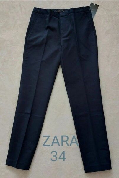 ZARA ザラ センタープレス ストレッチ パンツ ネイビー 34 スラックス ZARA BASIC チノパン 紺