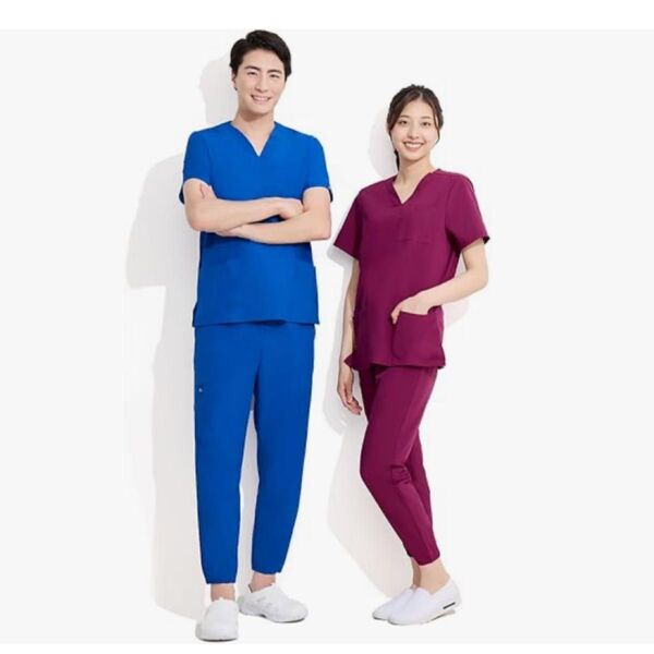男女兼用 スクラブ & パンツセット Vネック スタイリッシュ 9分丈 ジョガー 4way ストレッチ 速乾機能 白衣 医療 介護