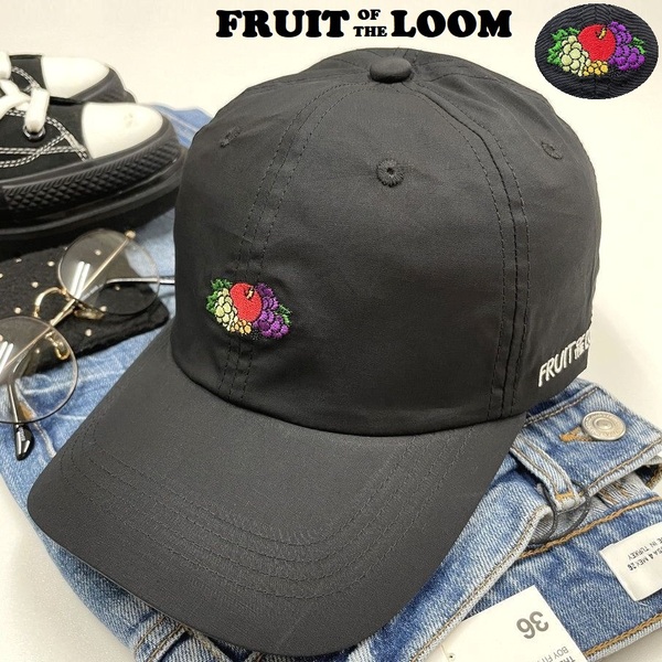 FRUIT OF THE LOOM ブラック キャップ アウトドアキャンプ ゴルフ野球帽子バイクトラック ホワイトロゴ刺繍 フルーツオブザルーム