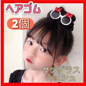 ヘアアレンジ かわいい ヘアゴム サングラス 子供 キッズ 髪ゴム 赤リボン シュシュ コスプレ おでかけ 2個