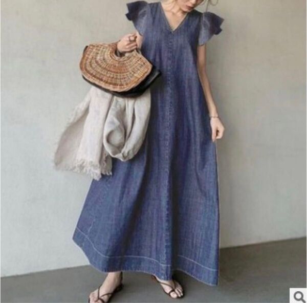 ロングワンピース ワンピース Vネック 体型カバー マキシ丈 ノースリーブ デニム ゆったり 夏 Aライン 二の腕痩せ 着痩せ